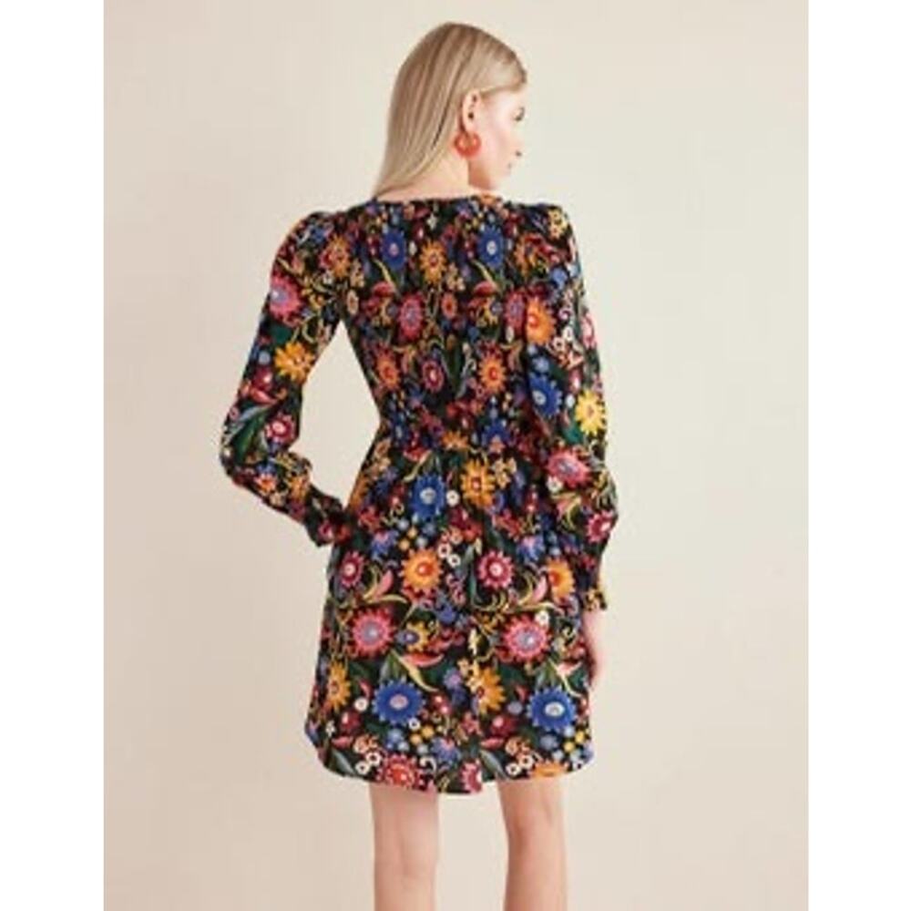 Boden Floral Smocked Cotton Mini Dress Long Sleeve Black Boho Size 12 - Picture 2 of 7